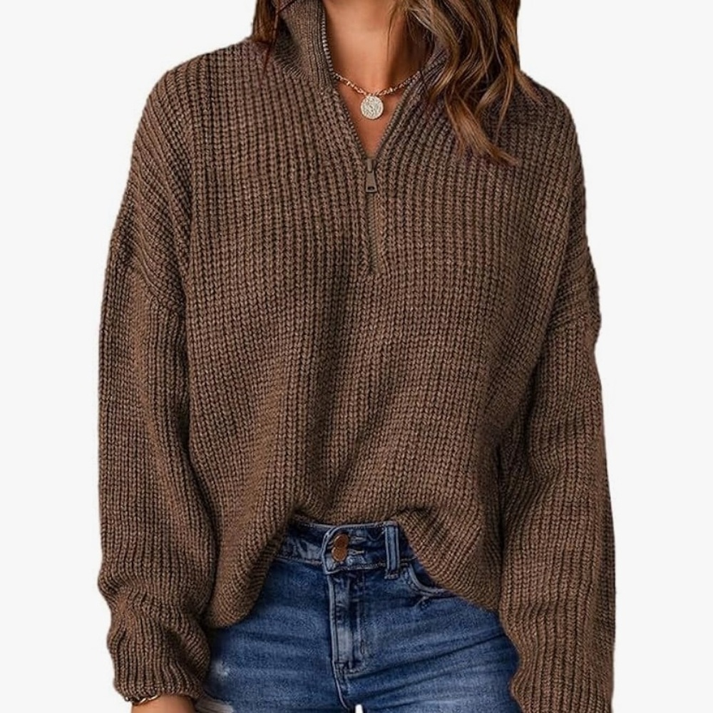 Cozy Brown Quarter Zip Knit Sweater
